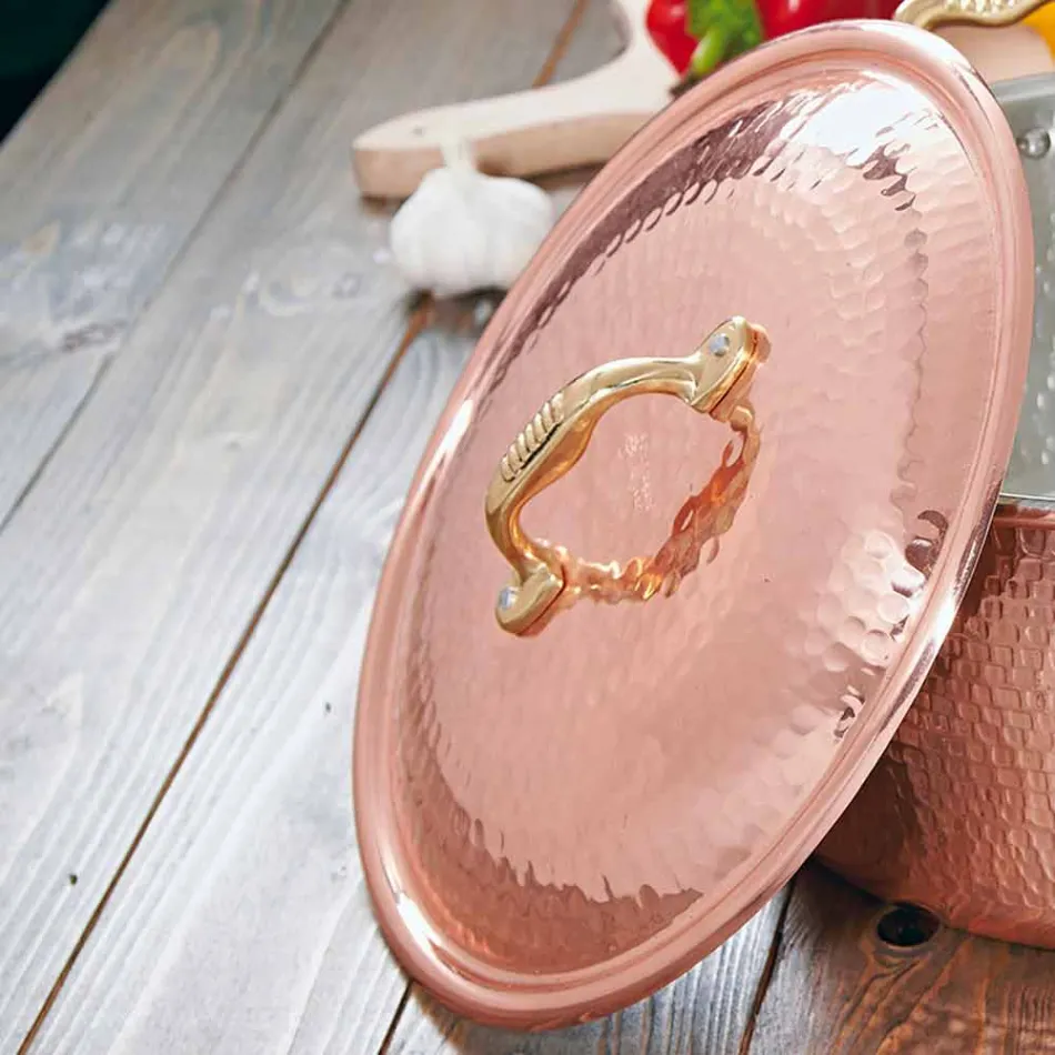 Padella Tonda in Rame Stagnato a Mano con Manico e Coperchio 24 cm - Gianluigi Viadurini