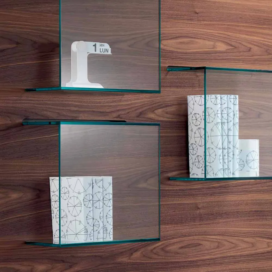 Pannello a Parete in Legno Noce Canaletto e Mensole in Vetro 2 Misure - Basilico Viadurini