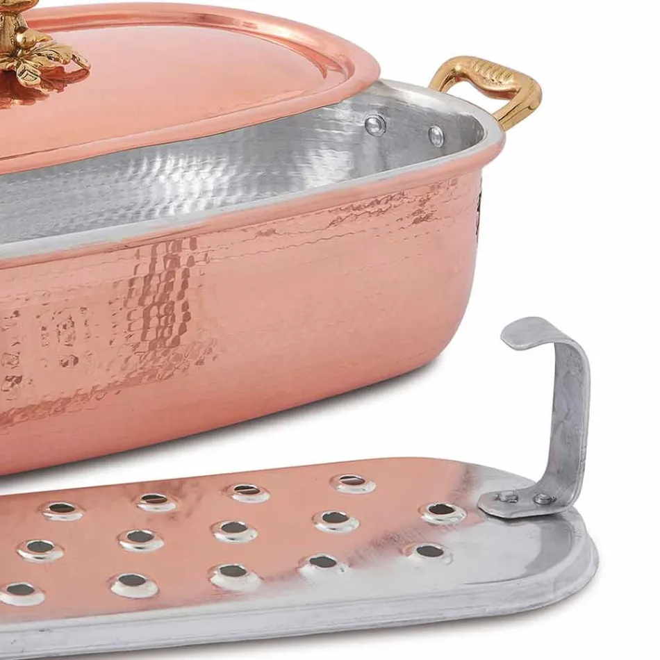 Pesciera Pentola in Rame Stagnato a Mano Italiano con Coperchio 44 cm - Mariapia Viadurini