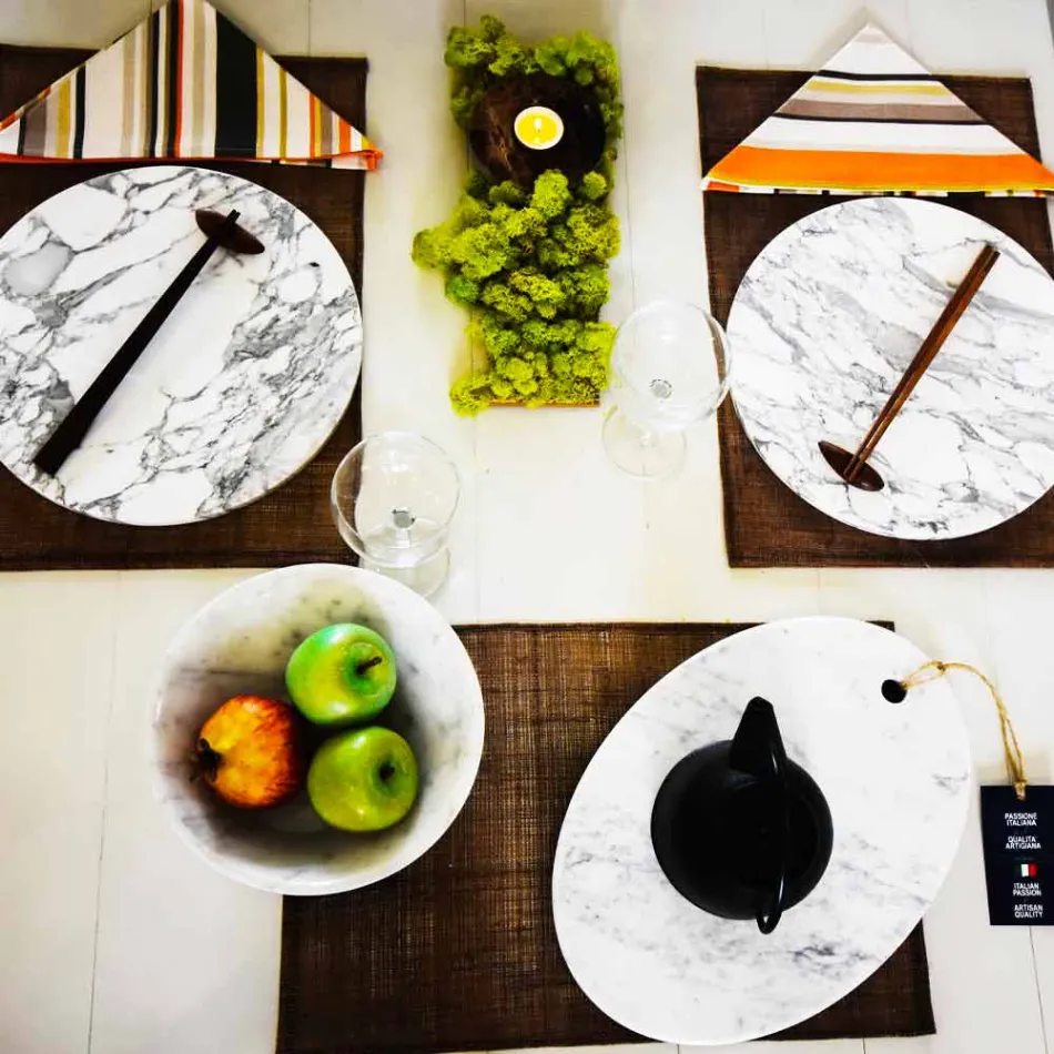 Piatto da Portata Rotondo in Marmo Bianco di Carrara Made in Italy - Kamil Viadurini