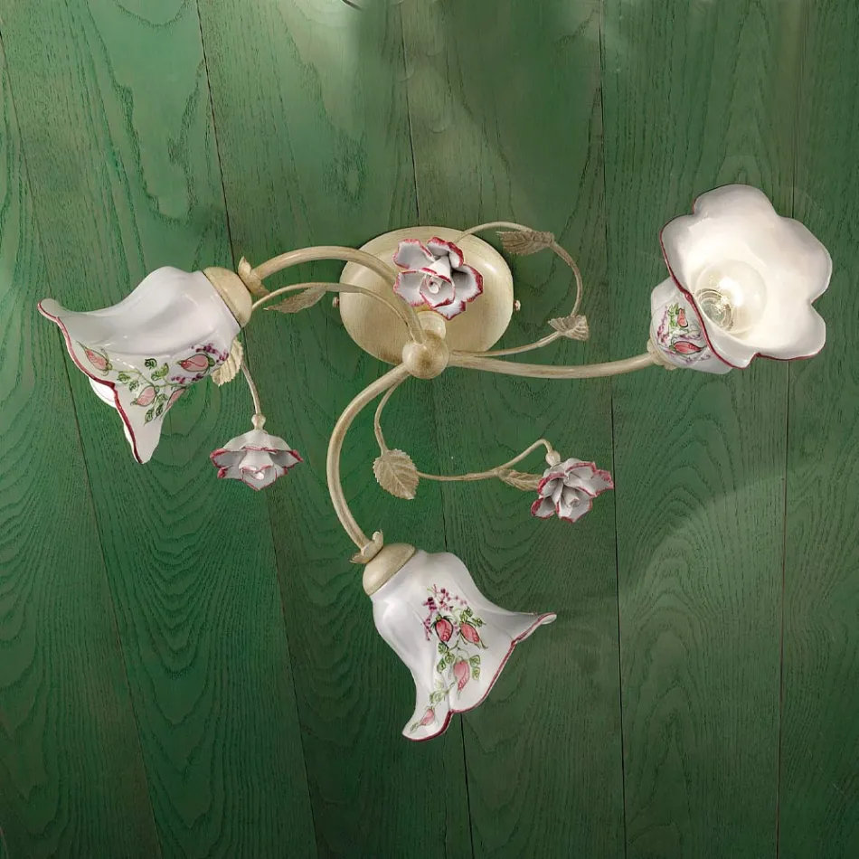 Plafoniera 3 Luci Metallo e Ceramica Dipinta a Mano Filo Rosso - Pisa Viadurini