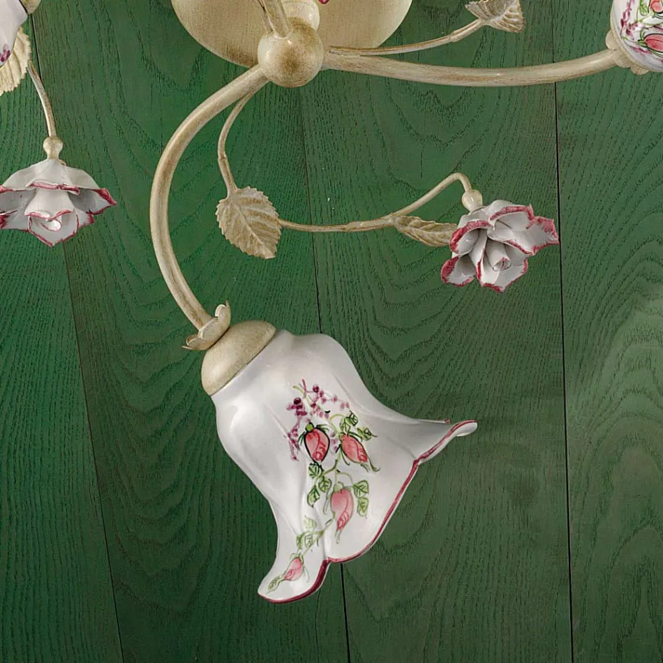 Plafoniera 3 Luci Metallo e Ceramica Dipinta a Mano Filo Rosso - Pisa Viadurini