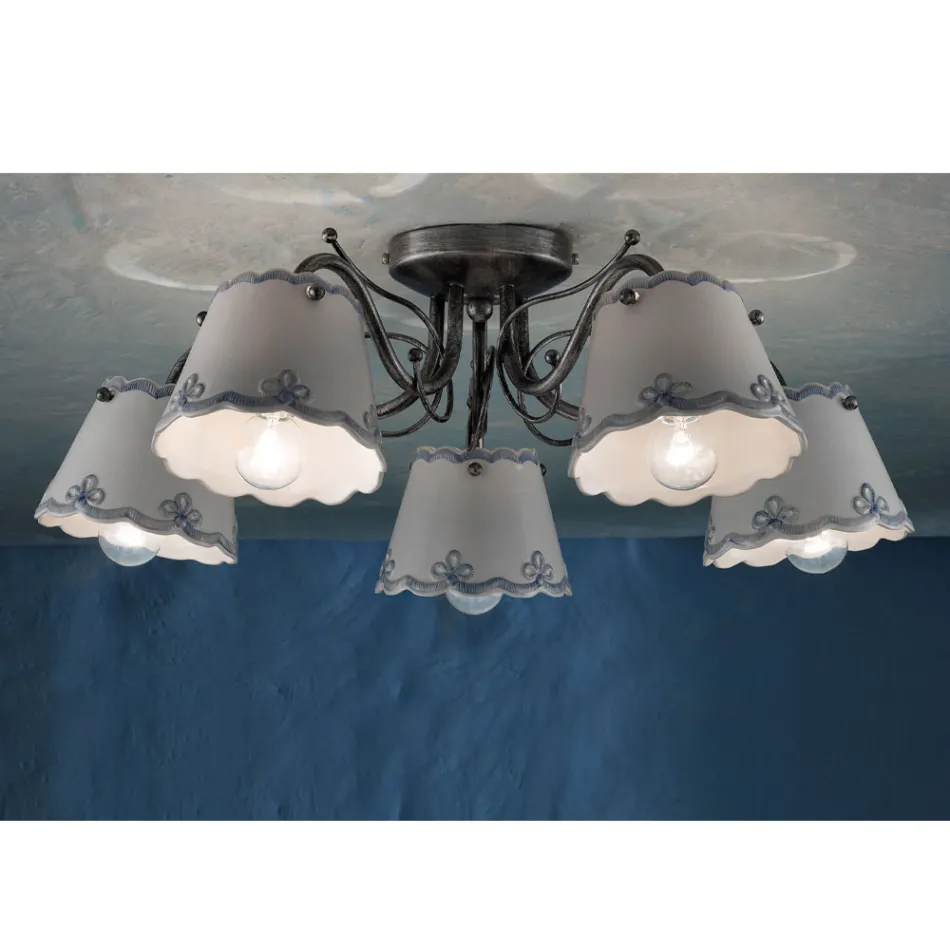 Plafoniera a 3 o 5 Luci in Ceramica Effetto Ricamo Dipinta a Mano - Ravenna Viadurini