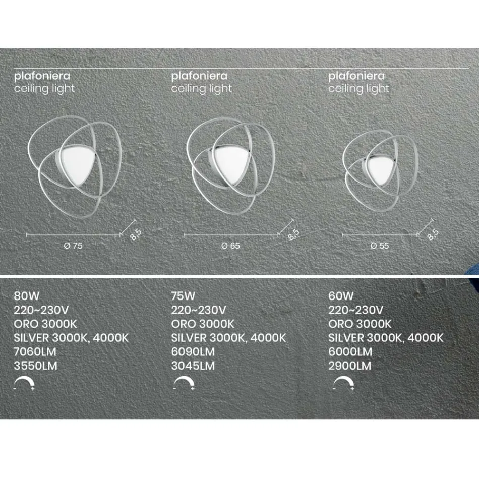 Plafoniera Applique a LED in Metallo Finitura Oro o Argento - Rosella Viadurini