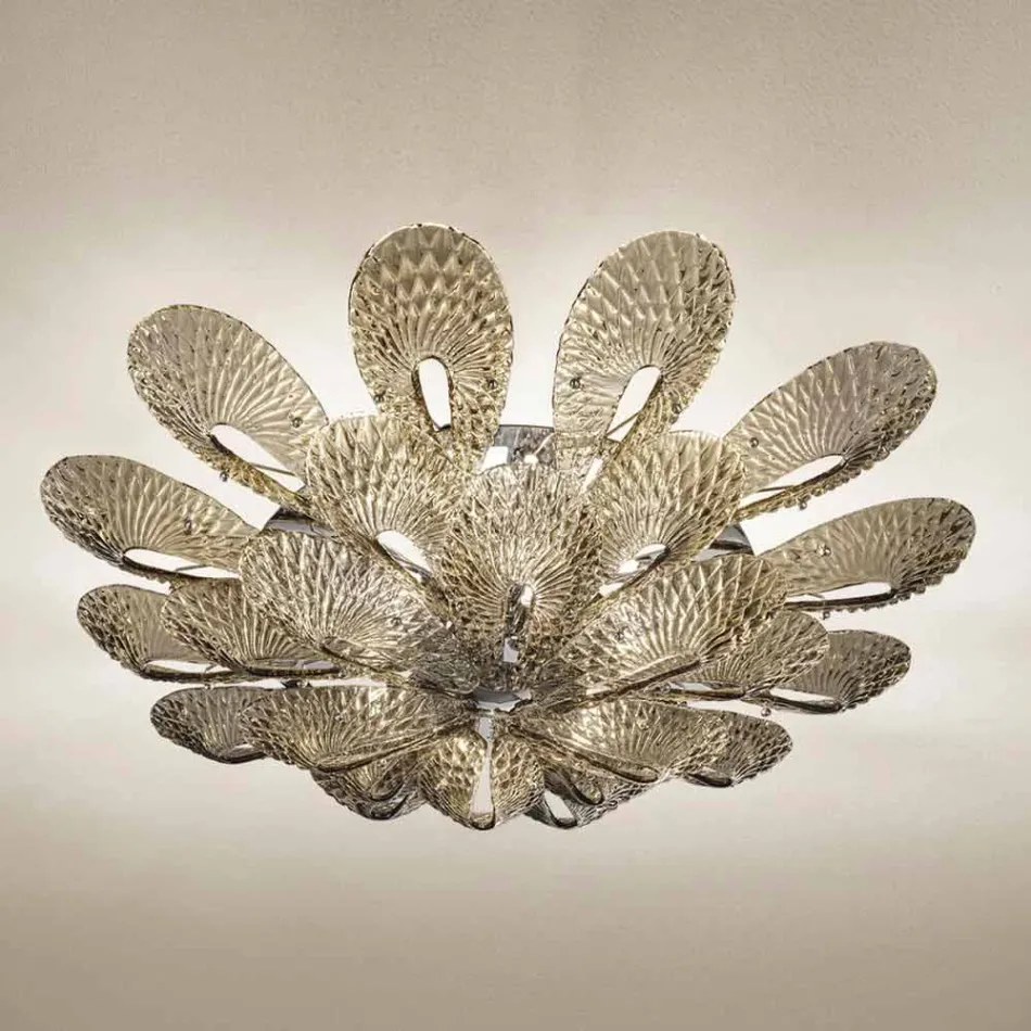 Plafoniera Artigianale in Vetro Veneziano Fumè, Realizzata in Italia - Minosse Viadurini