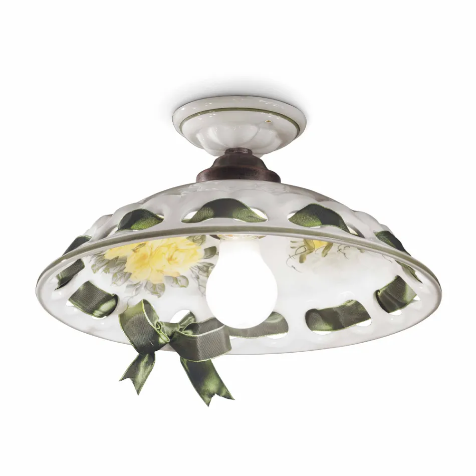 Plafoniera in Metallo e Ceramica Fatta a Mano con Passanastri - Napoli Viadurini