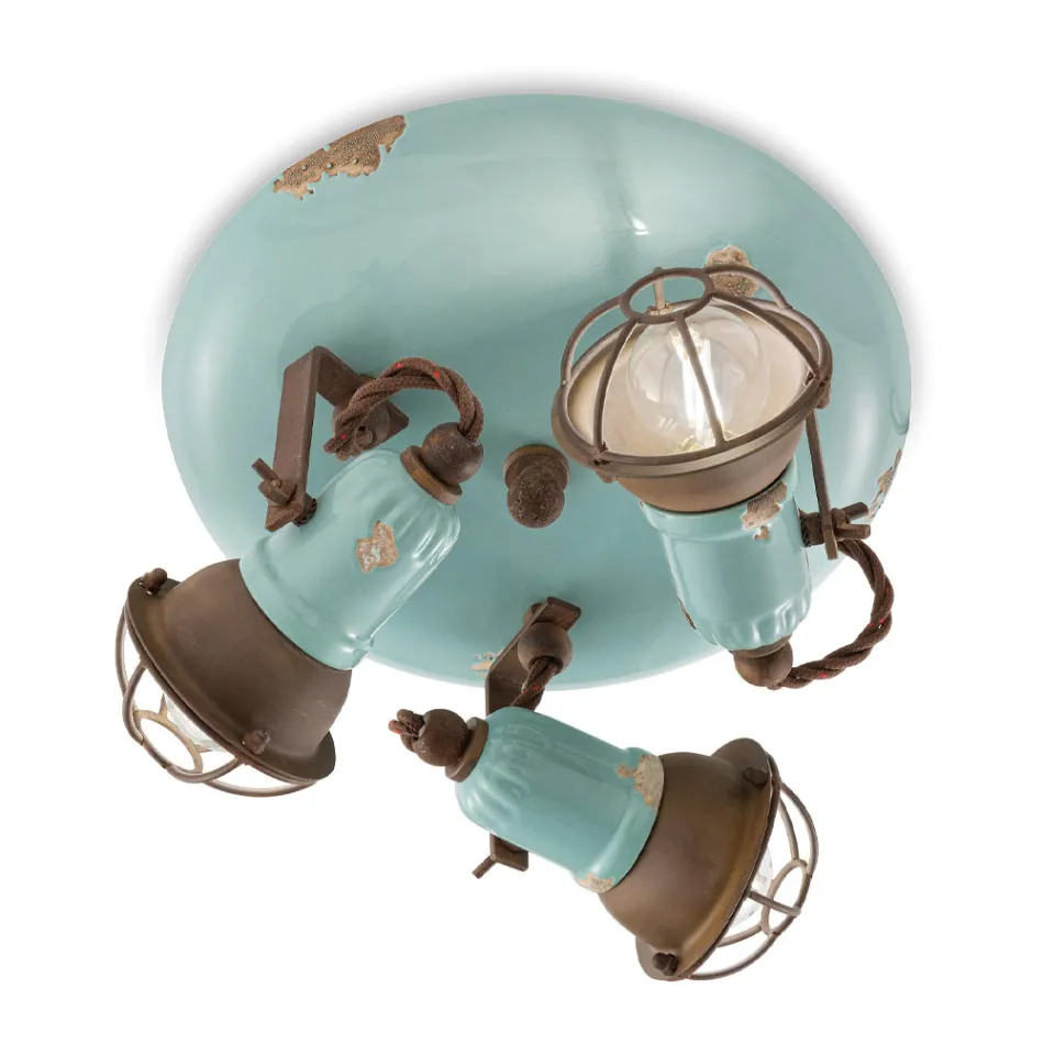 Plafoniera Industriale 3 Faretti in Ferro e Ceramica Artigianale - Loft Viadurini