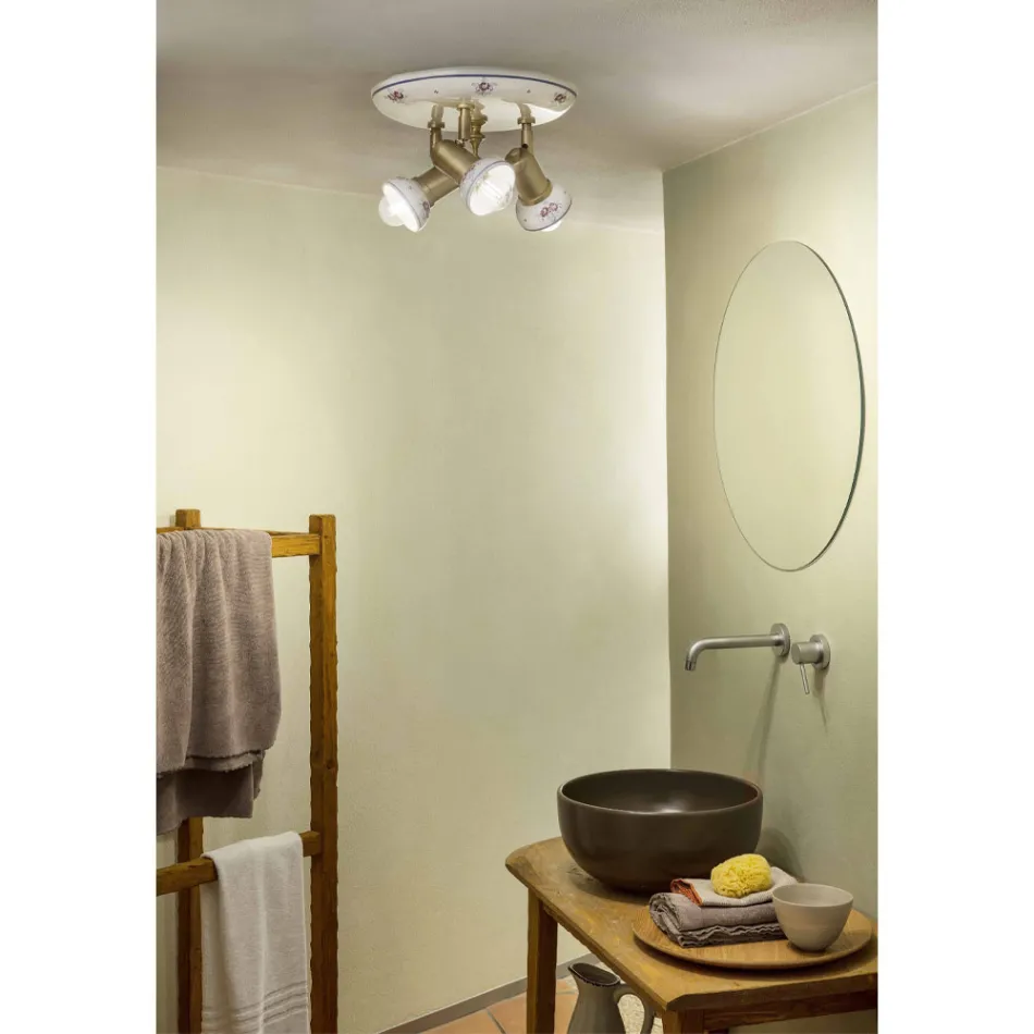 Plafoniera Rotonda 3 Faretti in Ottone e Ceramica Dipinta a Mano - Savona Viadurini