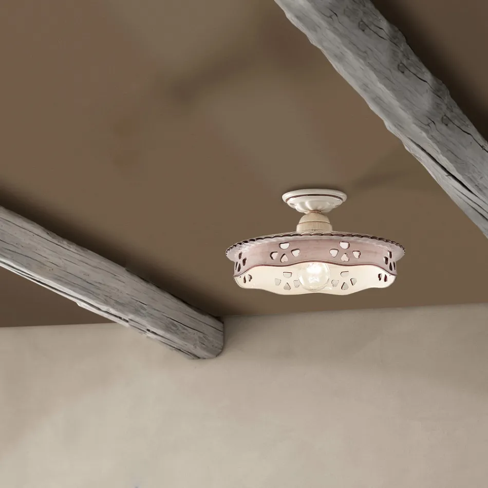 Plafoniera Vintage in Ceramica e Ferro Fatta a Mano 2 Misure - Alessandria Viadurini