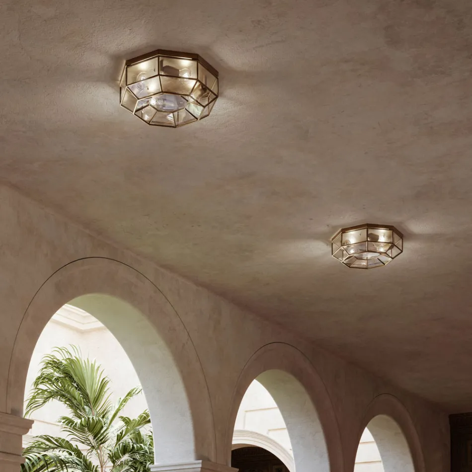 Plafoniera Vintage in Ottone Brunito e Vetro 2 Misure - Rilegato by Il Fanale Viadurini