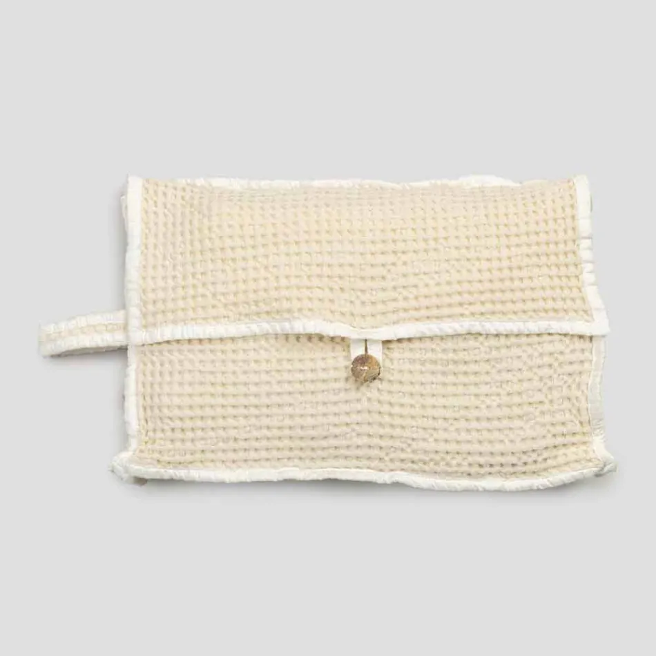 Pochette in Cotone Nido d'Ape Bianco Naturale con Bottone Madreperla - Anteha Viadurini