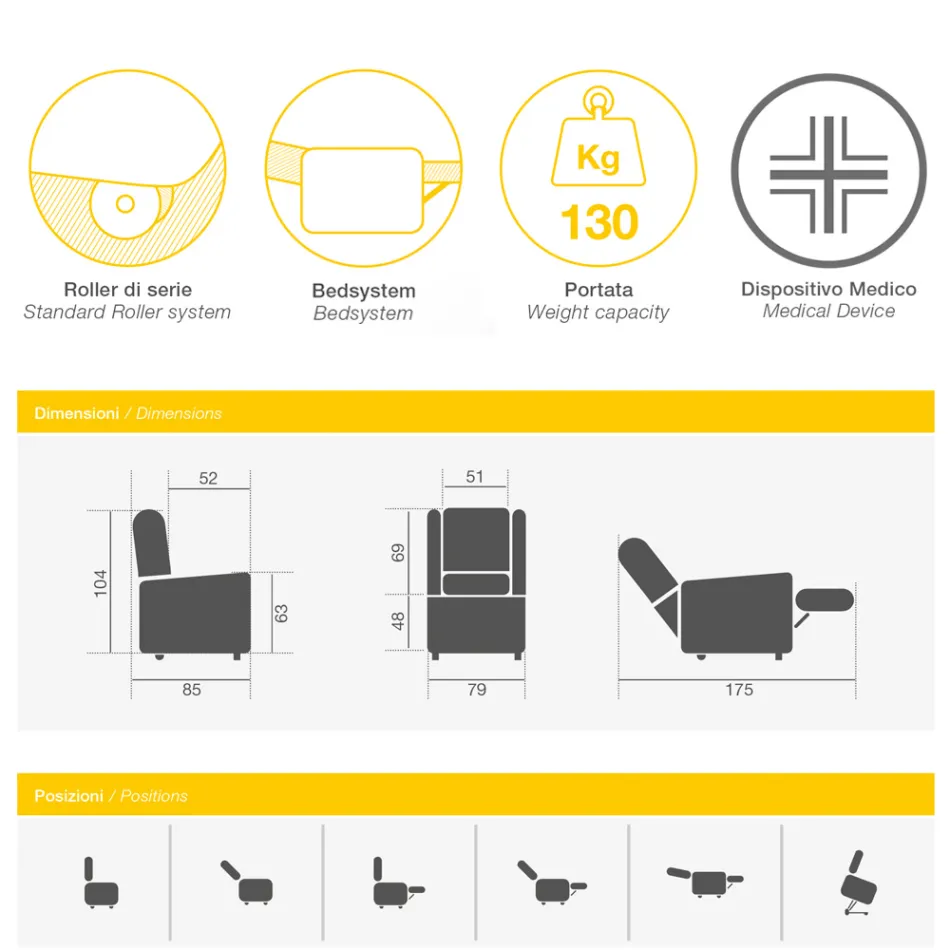 Poltrona Alzapersona con Funzioni Lift, Relax e Bed Made in Italy - Talita Viadurini