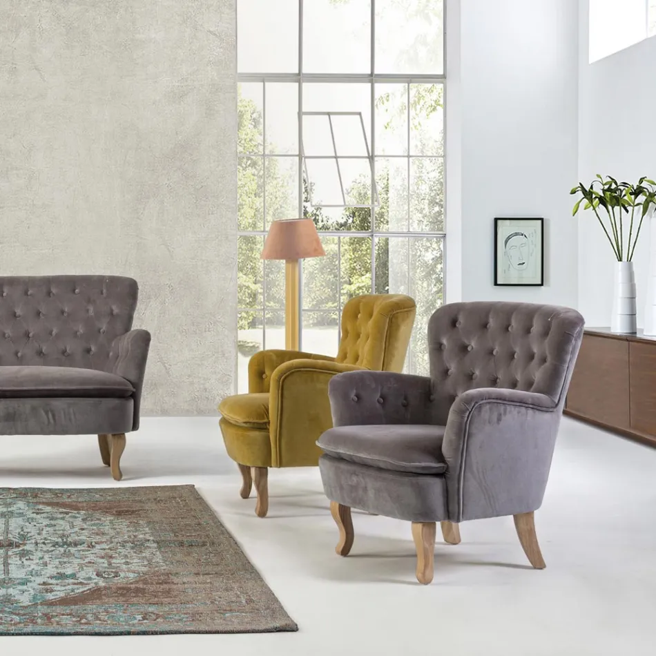 Poltrona Classica in Legno e Seduta Imbottita in Cotone Trapuntato - Monny Viadurini