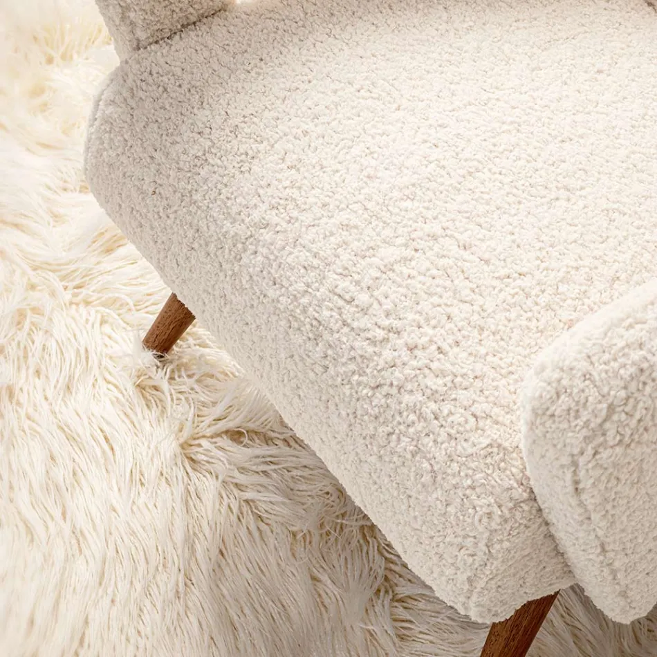 Poltrona con Braccioli in Rubberwood e Seduta Effetto Lana - Patrizia Viadurini