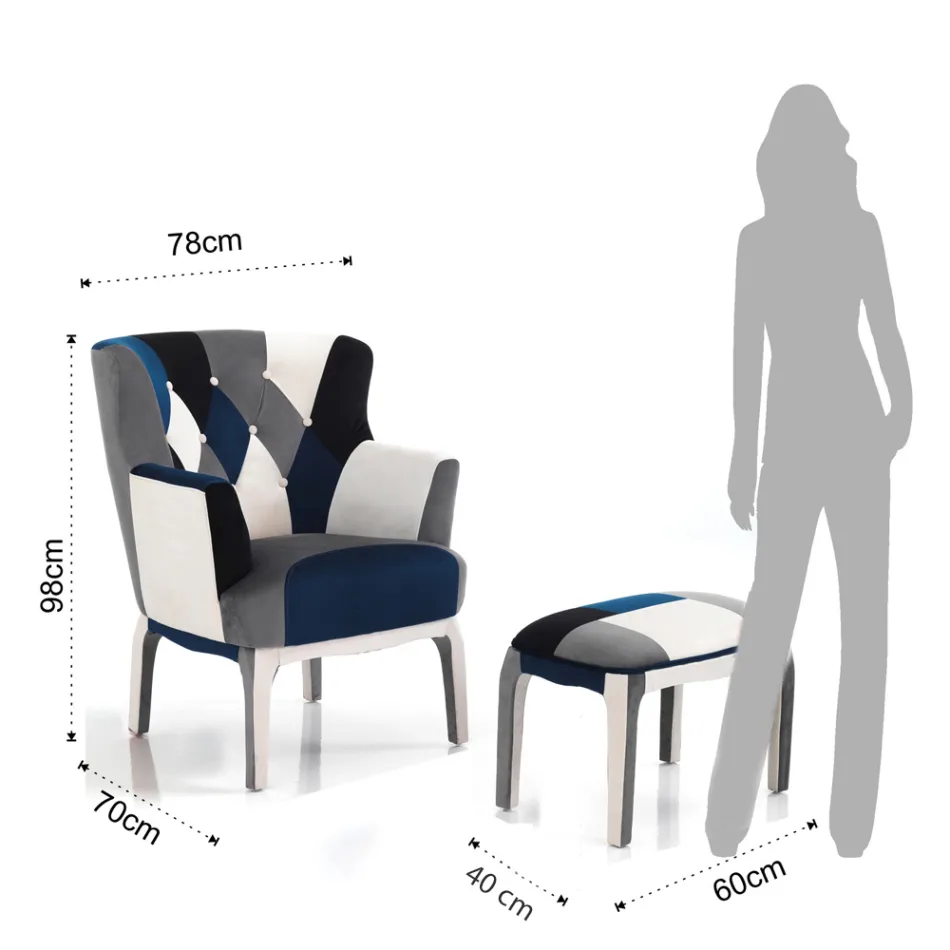 Poltrona con Pouf in Tessuto Patchwork - Bromo Viadurini