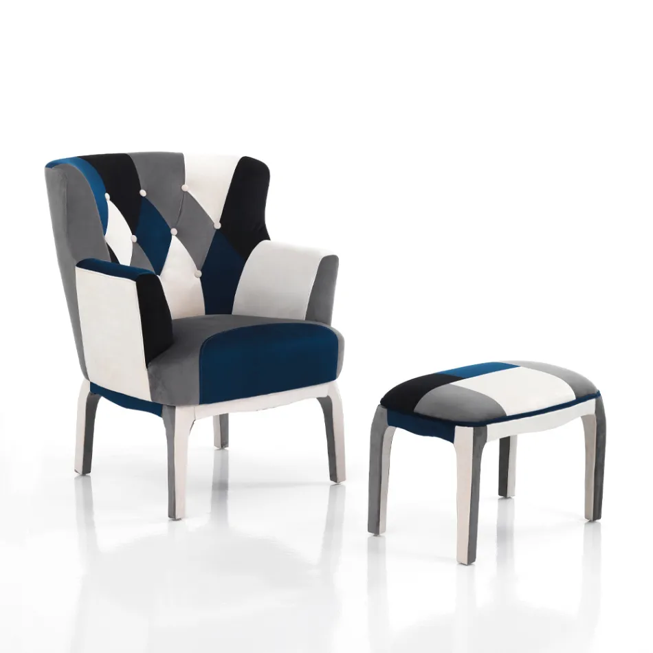 Poltrona con Pouf in Tessuto Patchwork - Bromo Viadurini