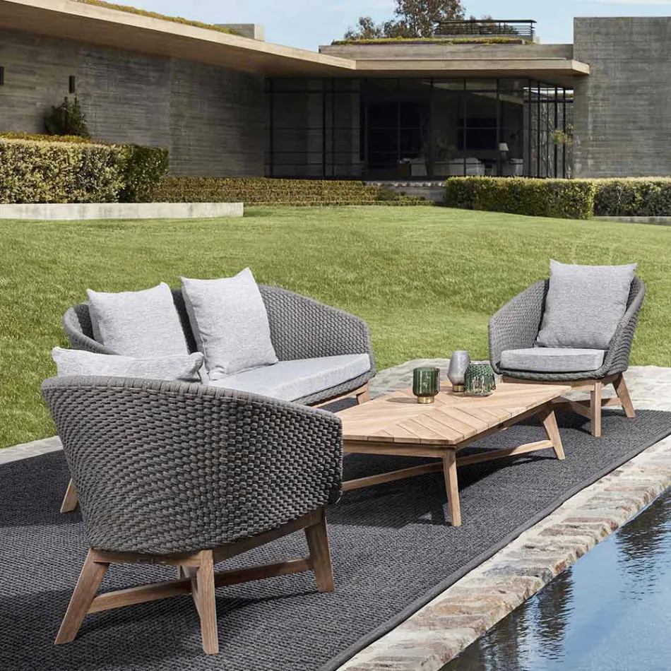 Poltrona da Esterno in Intreccio di Corda e Legno di Teak, Homemotion - Callum Viadurini