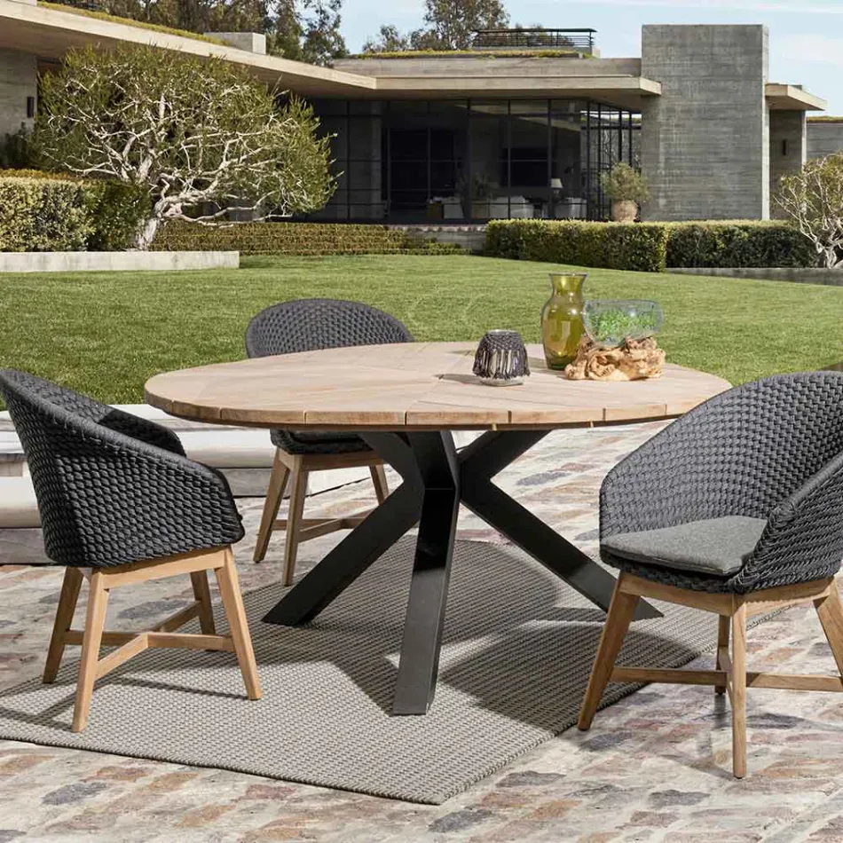 Poltrona da Esterno in Legno e Corda con Cuscino, Homemotion, 2 Pezzi - Oskana Viadurini