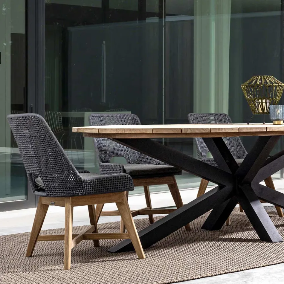 Poltrona da Esterno in Legno e Corda con Cuscino, Homemotion, 2 Pezzi - Oskana Viadurini