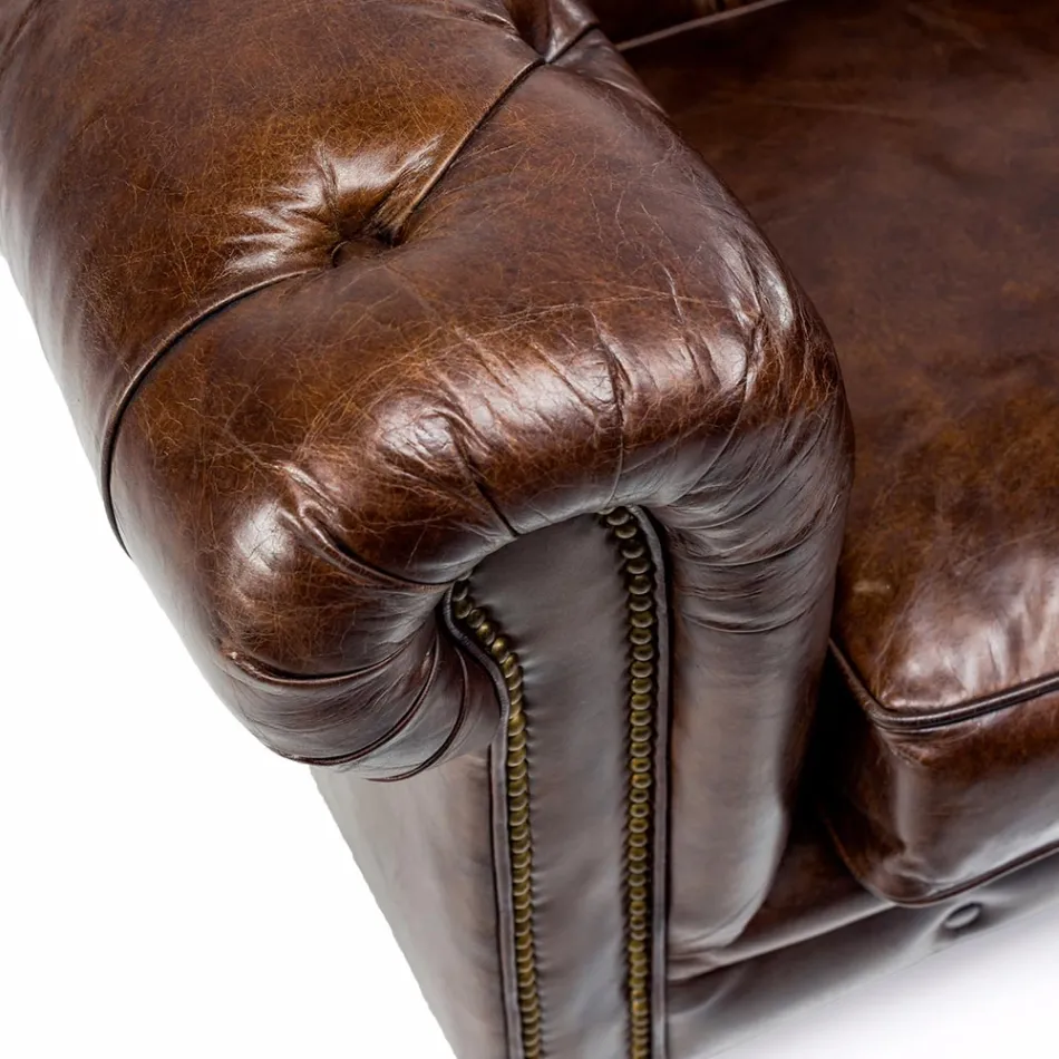 Poltrona da Salotto in Cuoio Vintage Effetto Invecchiato con Ruote e Braccioli - Timbro Viadurini