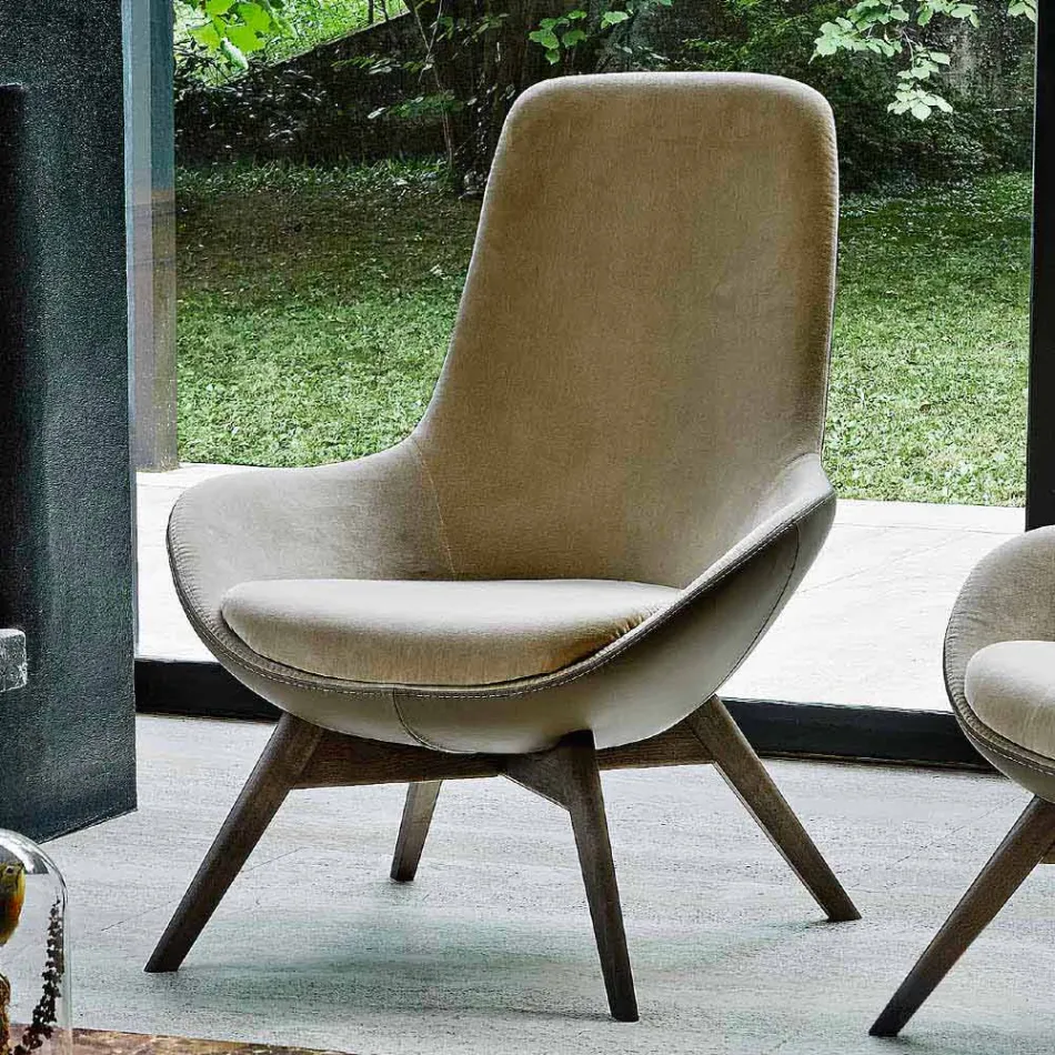 Poltrona da Salotto in Pelle e Tessuto con Base in Legno Made in Italy - Ama Viadurini