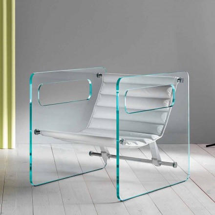 Poltrona da Salotto in Vetro e Seduta in Pelle Bianca Design Moderno - Tecna Viadurini