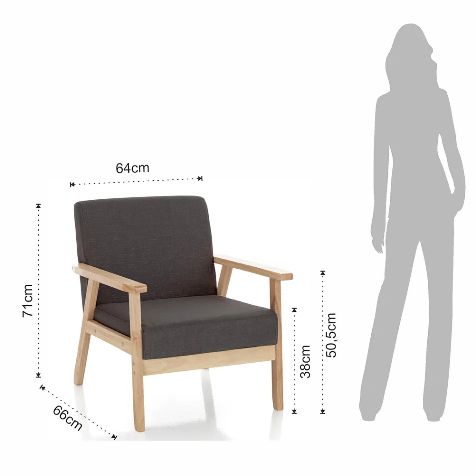 Poltrona da Soggiorno in Legno Massello di Pino e Tessuto Grigio Scuro - Basilicata Viadurini