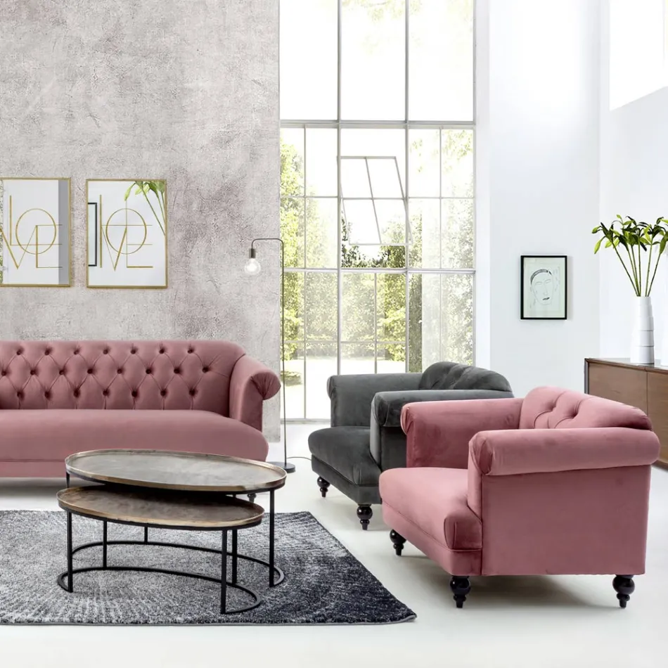 Poltrona Design Classico in Legno e Effetto Velluto Grigio o Rosa - Sanny Viadurini