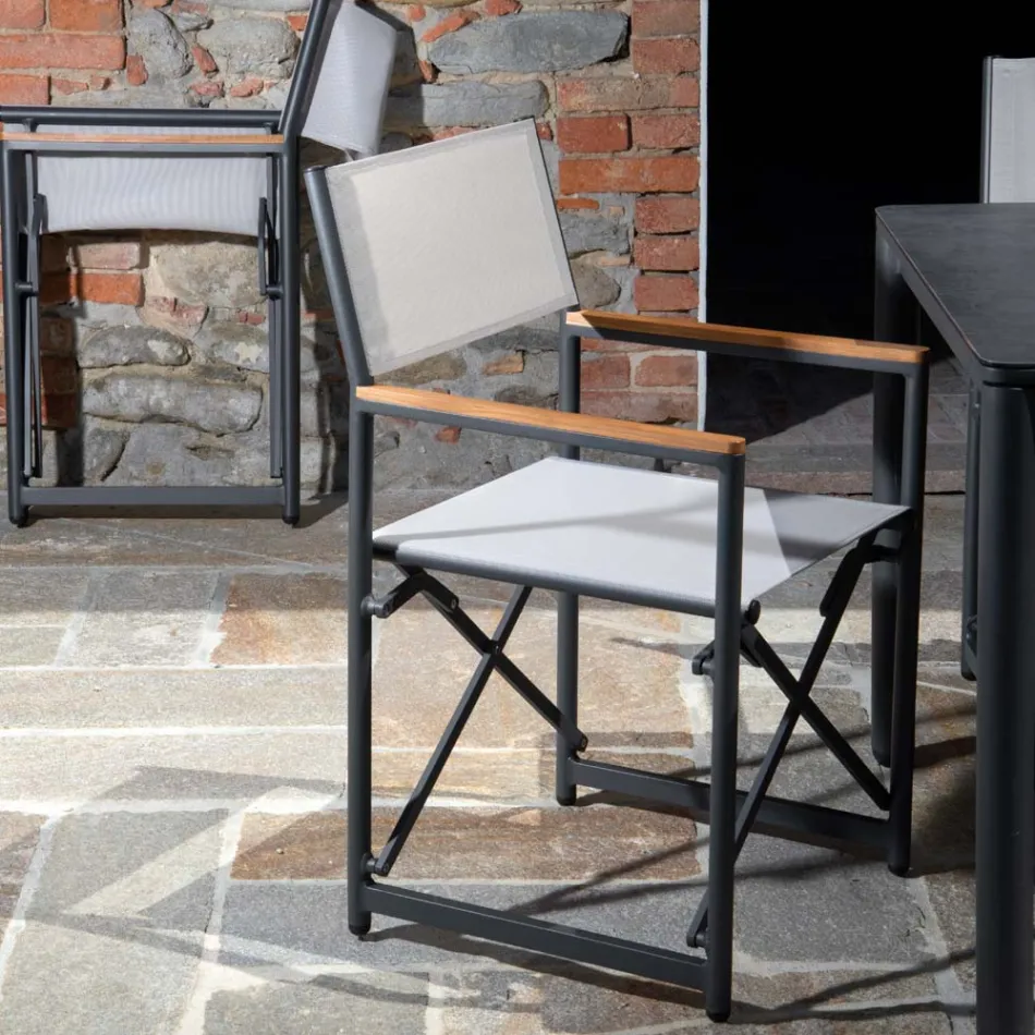 Poltrona Regista Realizzata in Alluminio, Textilene e Bracciolo in Teak - Tenda Viadurini