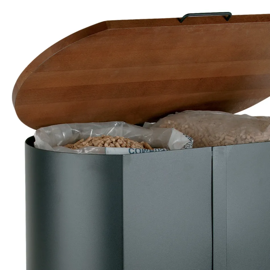 Porta Pellet Ovale in Metallo Nero e Coperchio in Legno Made in Italy - Bisonte Viadurini