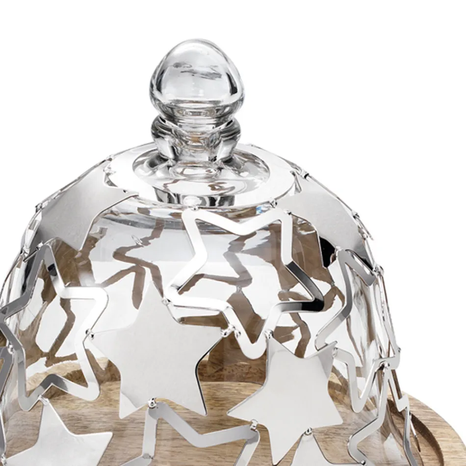 Porta Torta a Campana in Legno e Vetro con Stelle di Metallo Argentato - Ilenia Viadurini