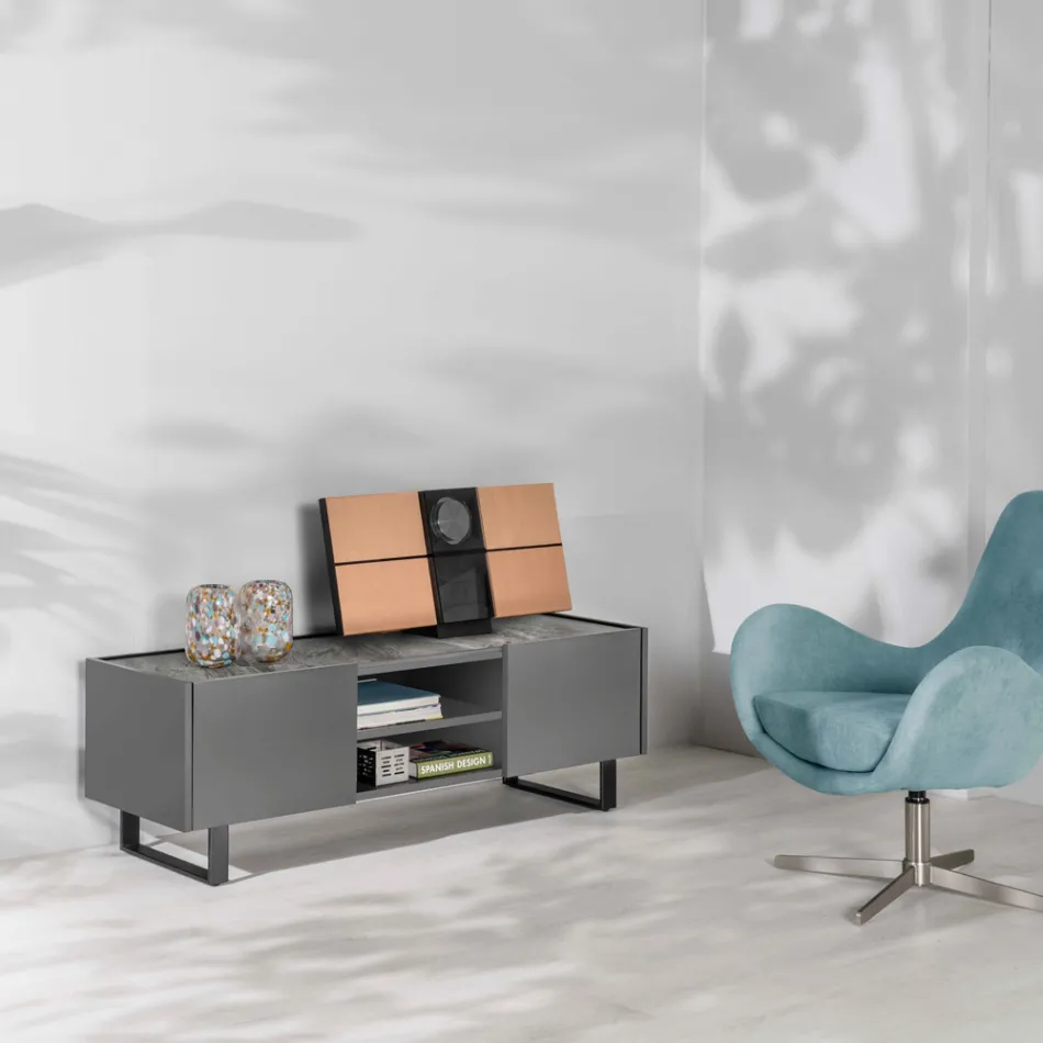 Porta tv con Top in Ceramica Effetto Marmo con 2 Ante e 2 Vani a Giorno - Clak Viadurini