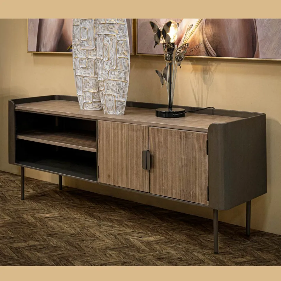 Porta Tv da Soggiorno in Legno di Abete e Ferro Grigio con 2 Ante - Cooper Viadurini