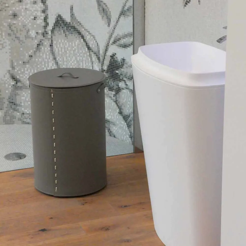 Portabiancheria cilindrico in cuoio rigenerato fatto a mano Roby Viadurini