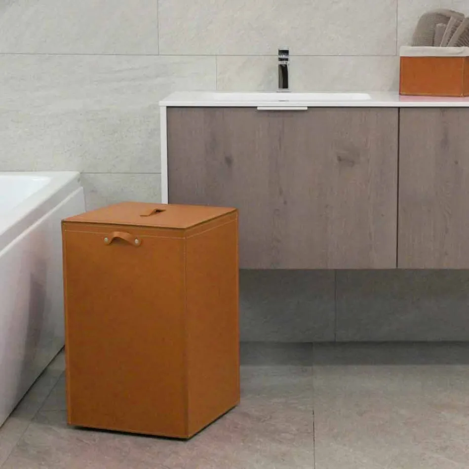 Portabiancheria in cuoio a base quadrata David, made in Italy Viadurini