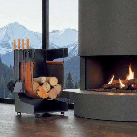 Portalegna in Ecopelle e Metallo con 4 Accessori Made in Italy - Cammello Viadurini