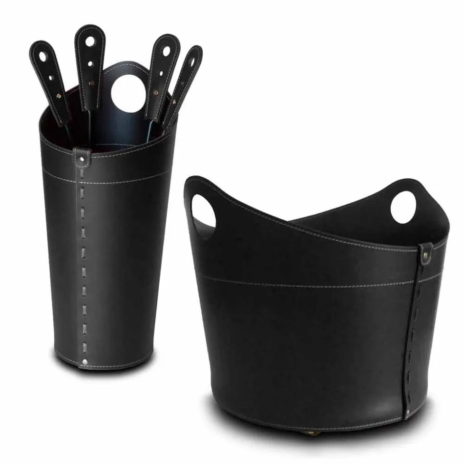 Portalegna, portaferri e ferri per camino in cuoio Nicad,made in Italy Viadurini