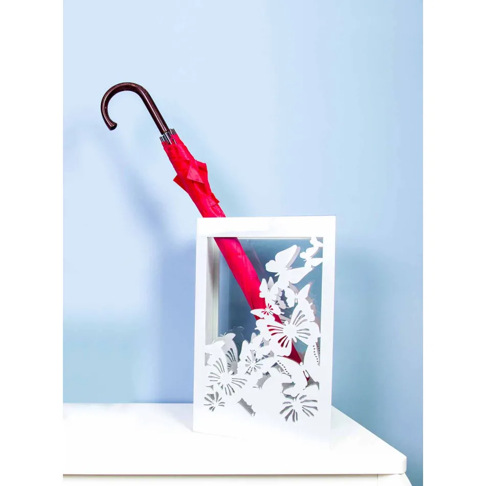 Portaombrelli Bianco in Legno dal Design Moderno Decorato con Farfalle - Papilio Viadurini