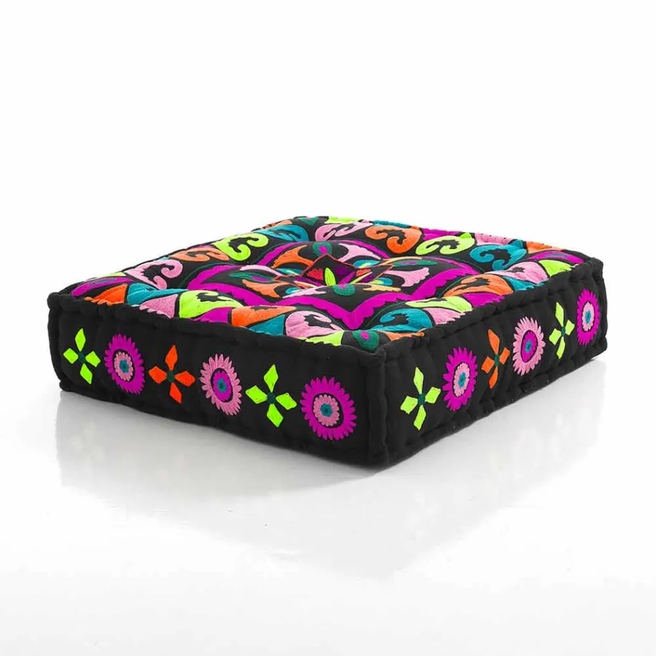 Pouf di Design Etnico Quadrato in Tessuto Patchwork o Velluto – Fibra Viadurini