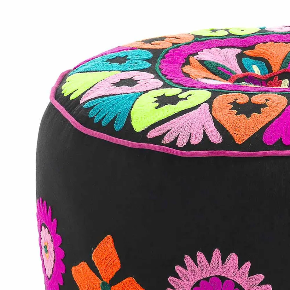 Pouf Rotondo di Design Etnico in Tessuto Patchwork o Velluto – Fibra Viadurini