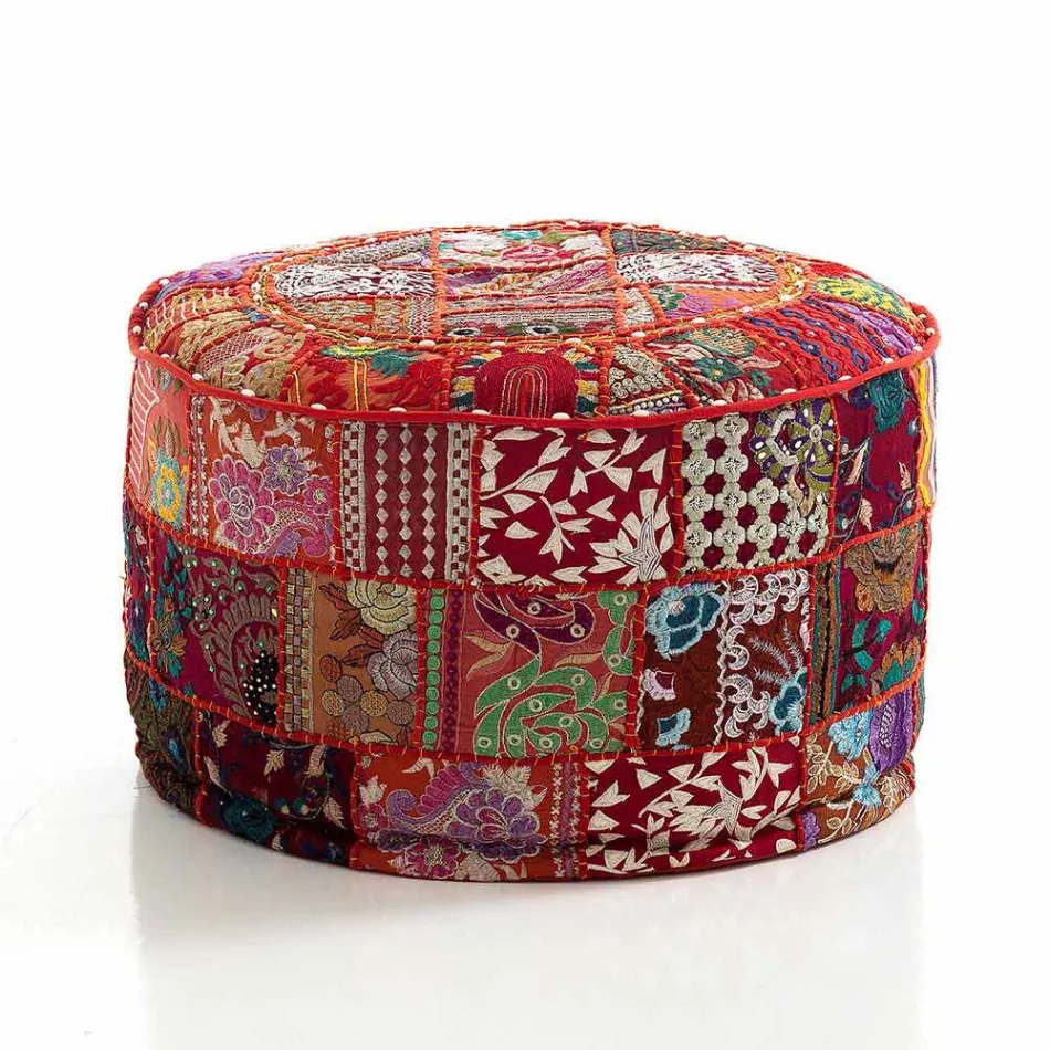 Pouf Rotondo di Design Etnico in Tessuto Patchwork o Velluto – Fibra Viadurini