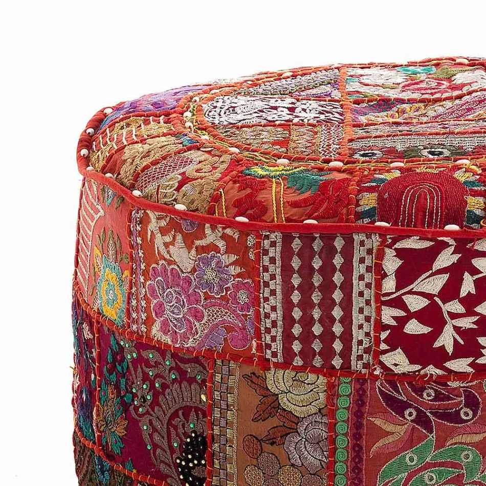 Pouf Rotondo di Design Etnico in Tessuto Patchwork o Velluto – Fibra Viadurini
