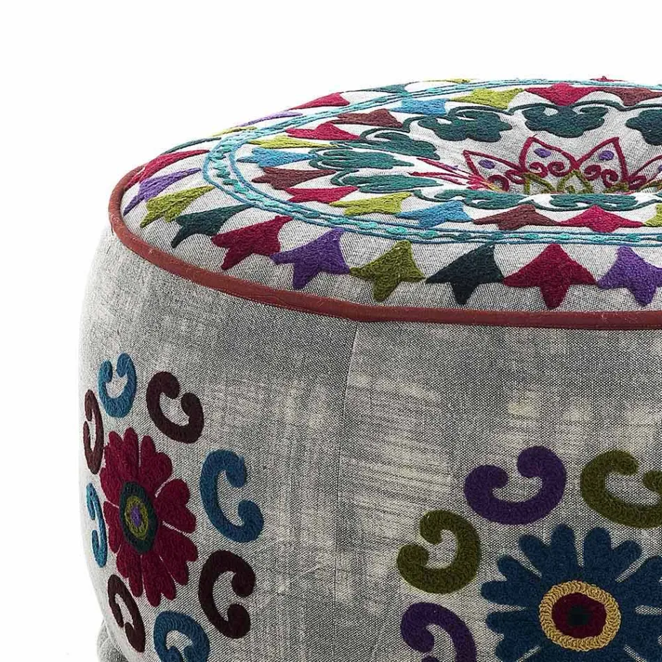 Pouf Rotondo di Design Etnico in Tessuto Patchwork o Velluto – Fibra Viadurini