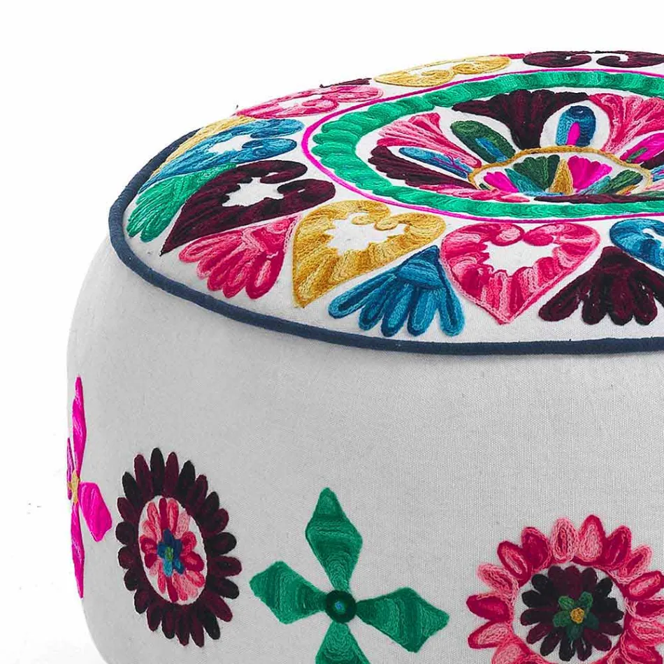 Pouf Rotondo di Design Etnico in Tessuto Patchwork o Velluto – Fibra Viadurini