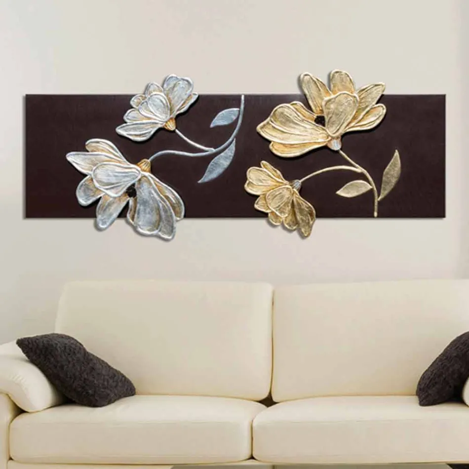 Quadro con fiori decorati a mano in foglia oro e argento Herman Viadurini