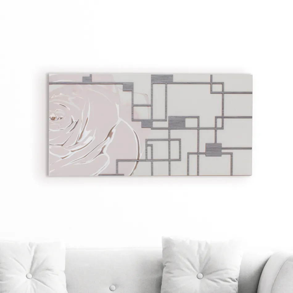 Quadro con Rosa e Forme Geometriche Realizzato in Laser Made in Italy - Rin Viadurini