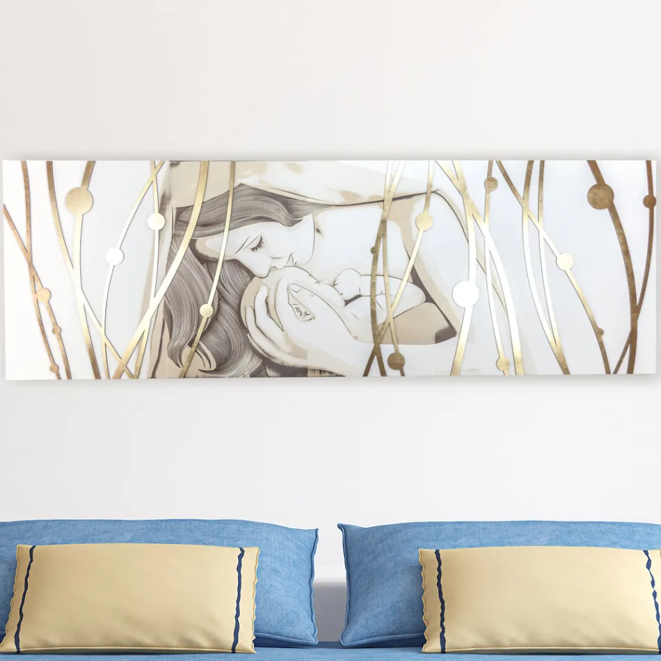 Quadro Rettangolare Realizzato con Laser con Dea e Bambino Made in Italy - Nagi Viadurini