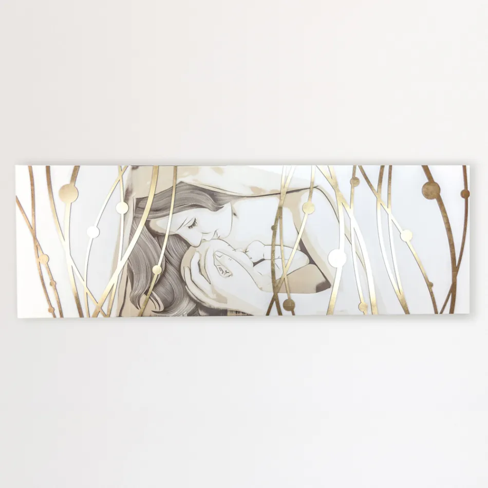 Quadro Rettangolare Realizzato con Laser con Dea e Bambino Made in Italy - Nagi Viadurini