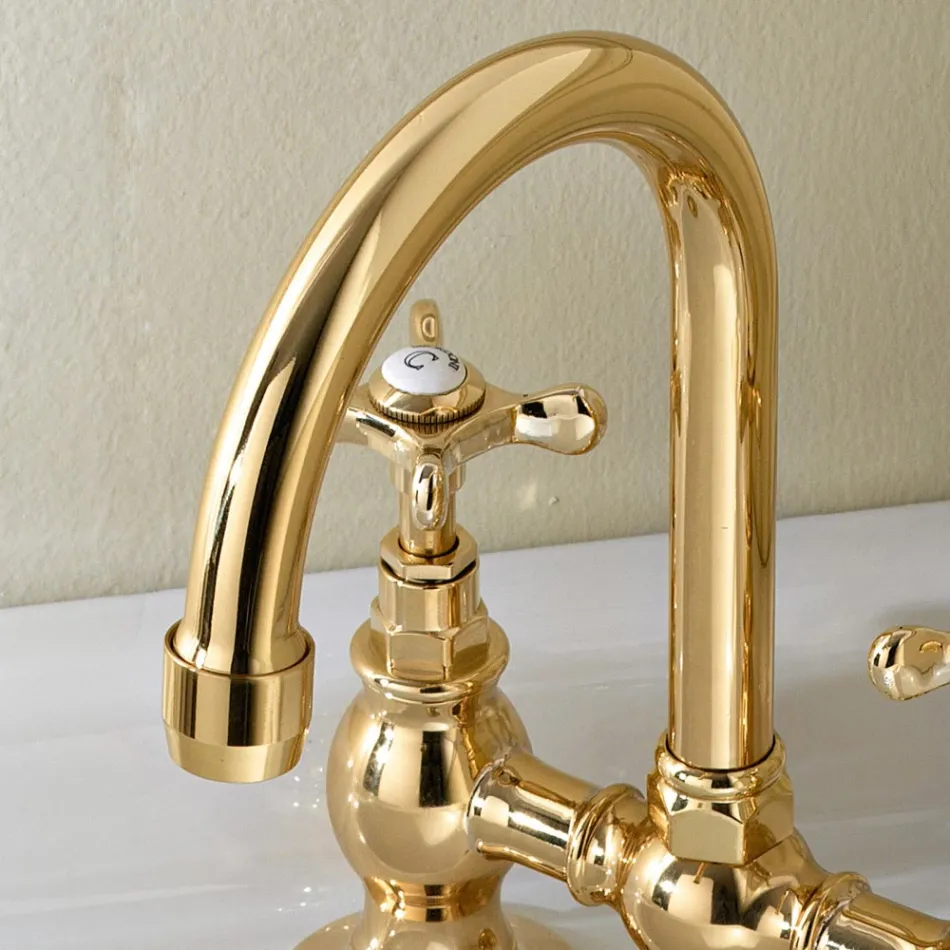 Rubinetteria a Ponte per Lavabo in Ottone Artigianale Classico - Fioretta Viadurini