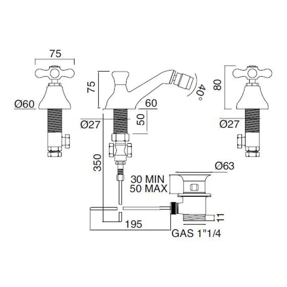 Rubinetteria Bidet Classica 3 Fori con Scarico in Ottone Made in Italy- Ercolina Viadurini